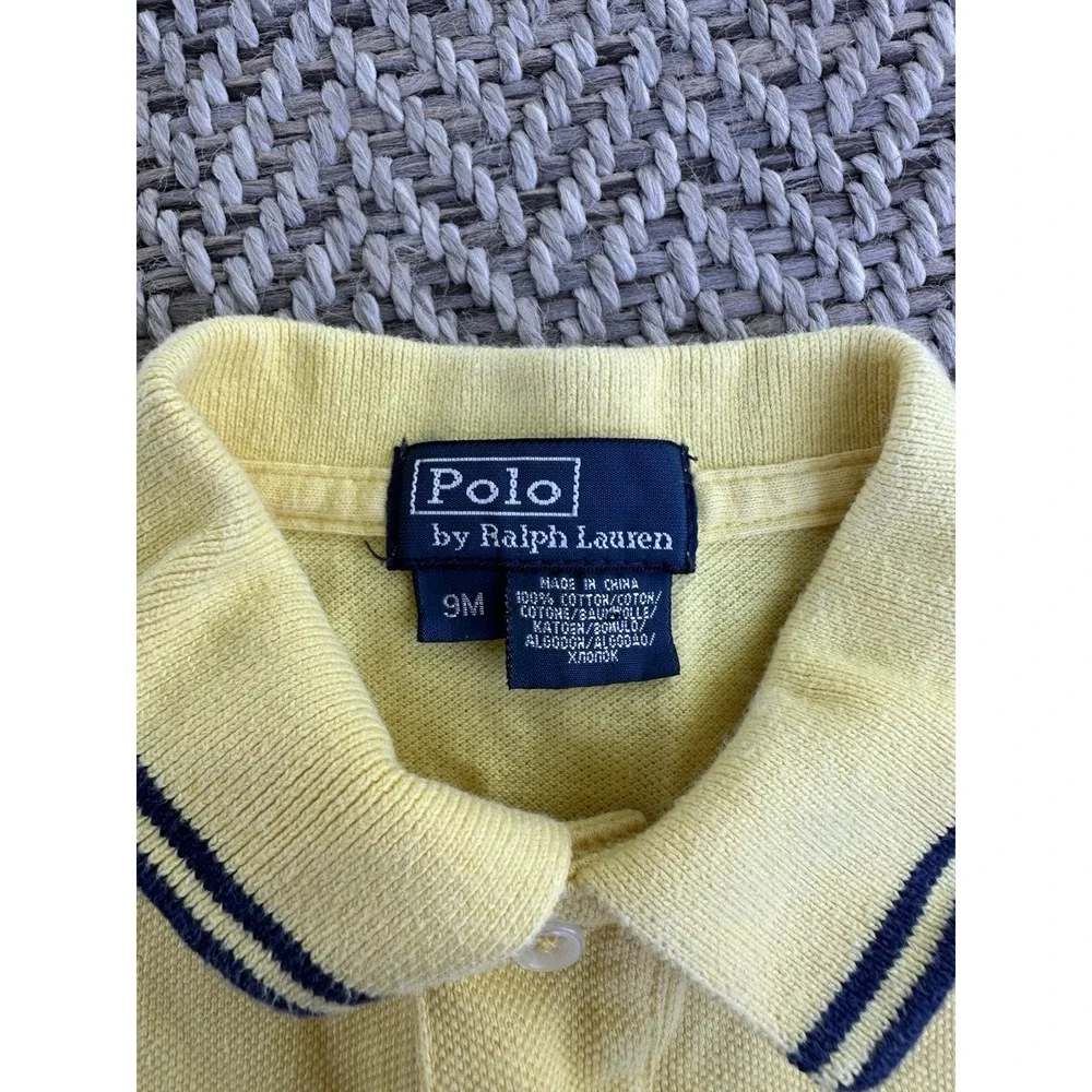 Ralph Lauren Baby Polo Shirt Solid Yellow Blue Stripe Infant 9 Months Logo EUC